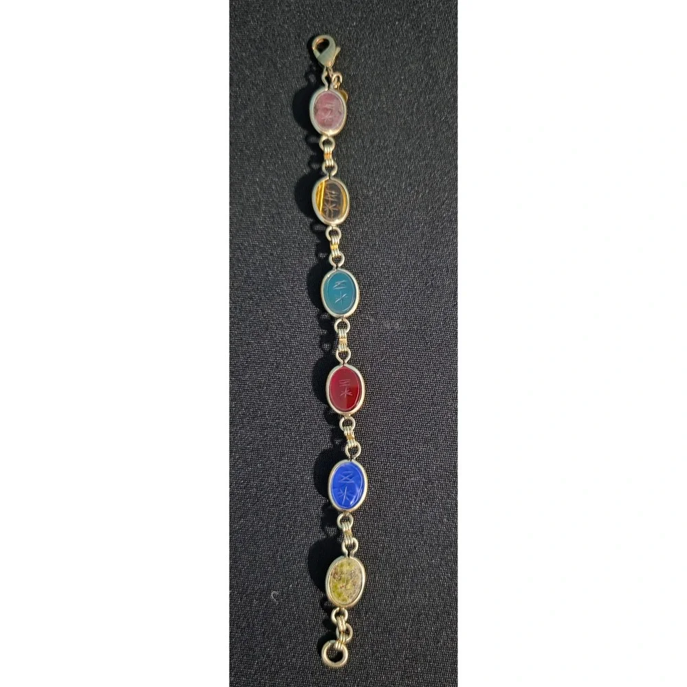 Vintage 12K Gold Filled Multi Stone Scarab Bracelet Egyptian Revival Carved Gem